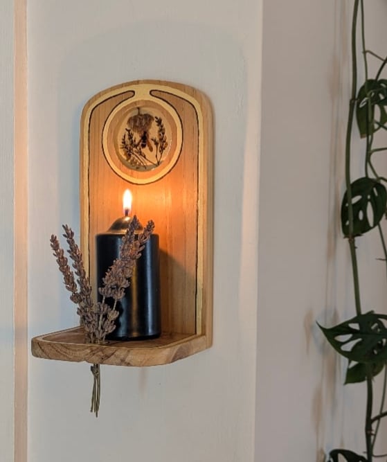 Altar — wooden wall mounted altar with wasp, nest and indigo encased in resin