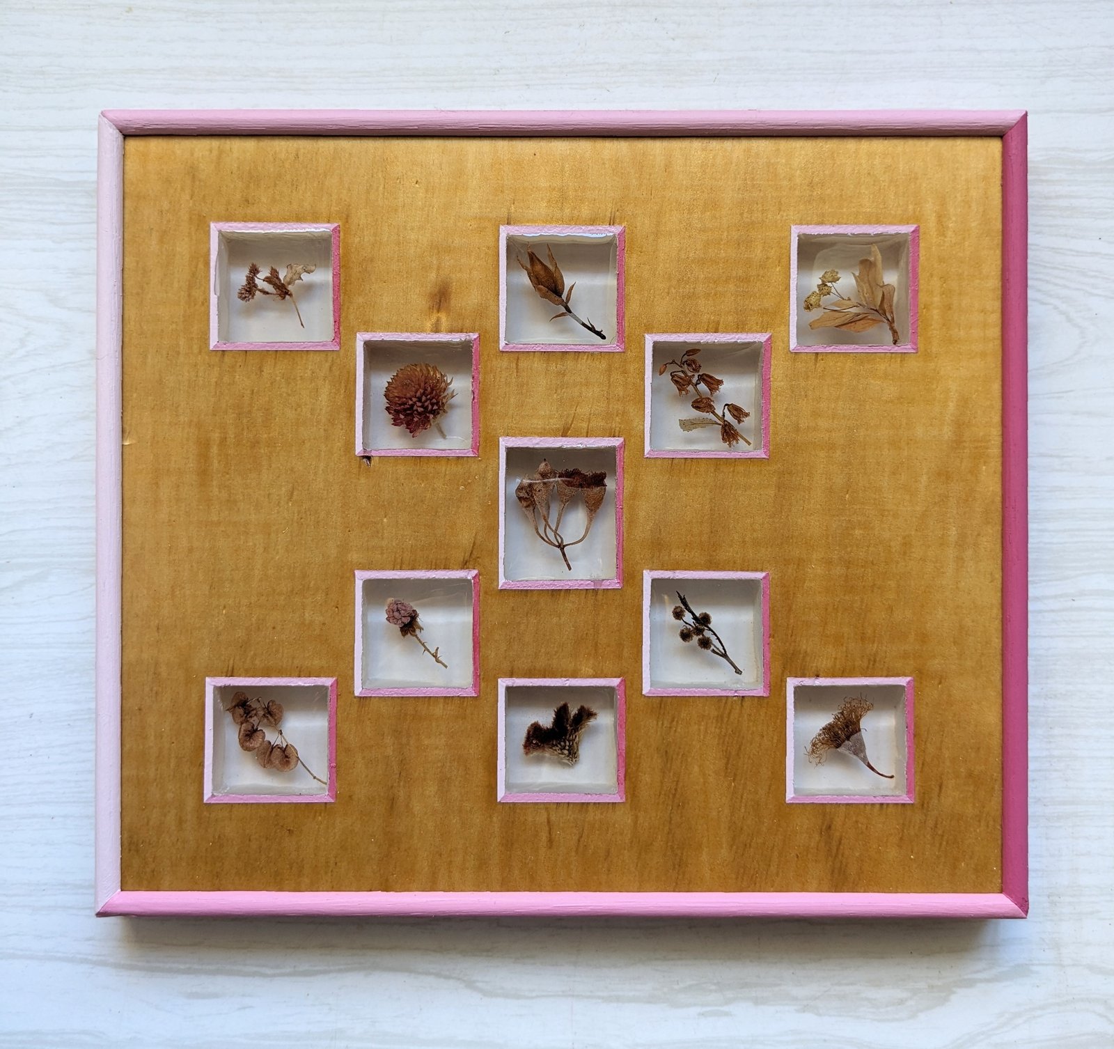 Pink Things — pink flowers encased in resin and wood